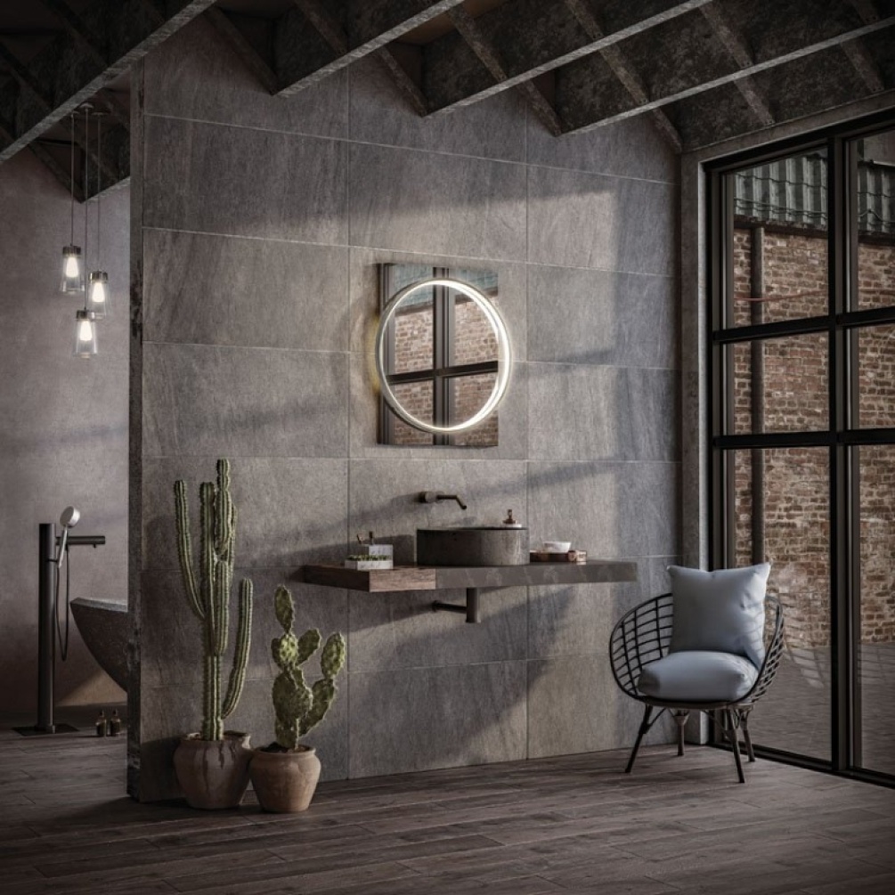 Product Lifestyle image of the HIB Solas Chrome Round LED Bathroom Mirror